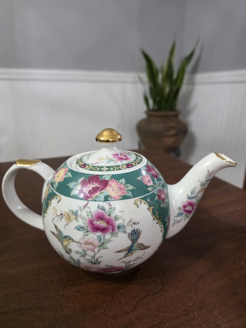 Vintage Otagiri-Style Porcelain Teapot with Two Hummingbird Cups